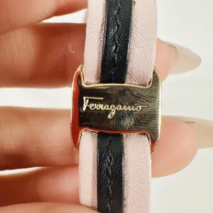 Ferragamo Pink Black Leather Vara Wrap Bracelet Bow Logo Snap 7in Made In Italy thumbnail 3
