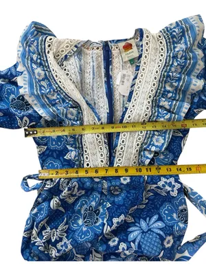 FARM Rio Full of Flowers Blue Floral Lace Jumpsuit Small Flaw Vacay Boho S-S thumbnail 16