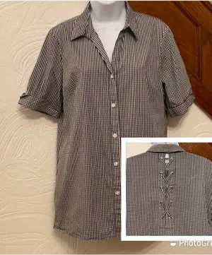 Anne Klein Button Down Shirt Womens Black Gingham Lace Up‎ Back Size M thumbnail 1