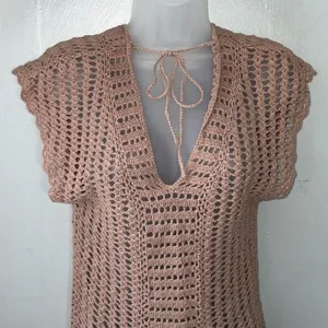 Say What Size Small Taupe Tan Boho Open Knit Crochet Sweater Top Y2K Hippie thumbnail 2