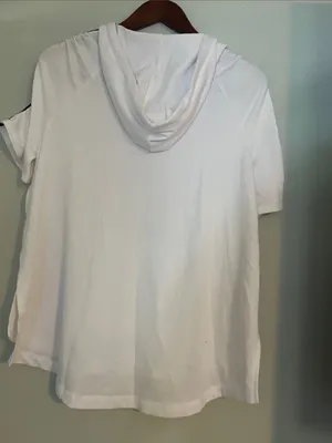 Women’s White Short-Sleeve Hooded Pullover with Shoulder Stripe thumbnail 7
