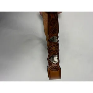 Justin Boots Vintage Justin Leather Western Belt Brown Tooled Floral Heart Conchos Size 26 thumbnail 2