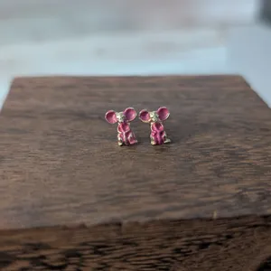 Vintage Stud Earrings Pink & Gold Tone Mouse - Very Small & Dainty thumbnail 2