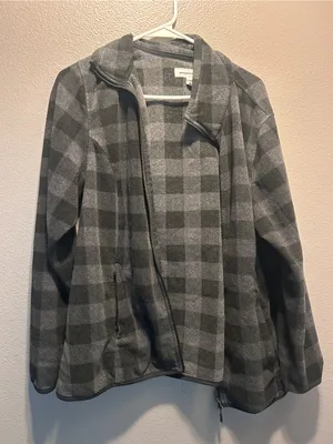 Amazon Essentials Women Full Zip Fleece Jacket Charcoal Gray Buffalo Plaid XL thumbnail 1