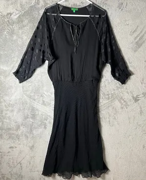 Tibi Black Silk Chiffon Dress Sheer Polka Dot Sleeves Tie Neck Size 2 XS‎ thumbnail 1