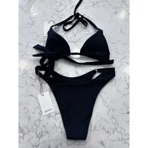 Quince Black Italian Triangle Bikini Top & High Leg Ring Bottoms Size Medium thumbnail 2
