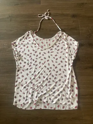LOFT White Short Sleeve Blouse w/ Red Leaf Print, Size Medium thumbnail 1