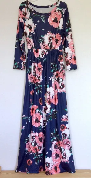maxi long sleeve floral dress, jersey, blue, flowers thumbnail 1