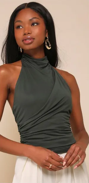 Lulu's Cute Inspiration Dark Green Sleeveless Halter Top thumbnail 1