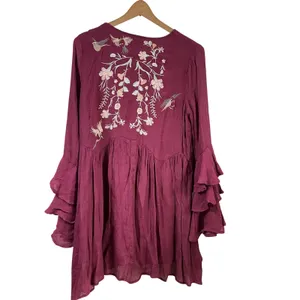 Umgee Burgundy Embroidered Floral Bird‎ Boho Mini Dress Ruffle Bell Sleeve Small thumbnail 9