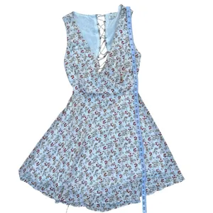 Miss Me Floral Lace-Up Back Skater Mini Dress Blue V-Neck Size M thumbnail 7
