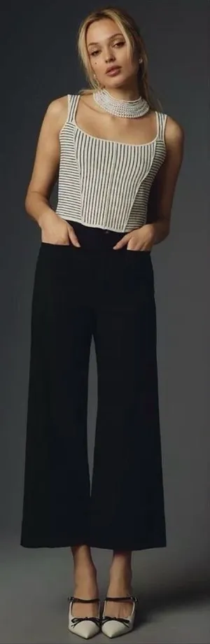 Maeve Anthropologie Colette Cropped Wide-Leg Pants in Black Size 25 Linen Cotton thumbnail 1