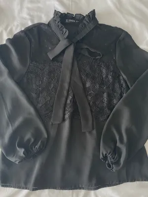 SheIn Black Frill Tie Neck Blouse With Lace Panel thumbnail 2
