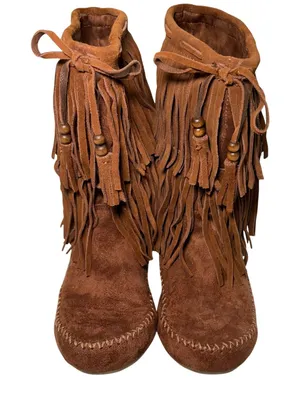 Mossimo Brown Suede Leather Fringe Moccasin Boots Womens 9 Faux Fur Lined Boho thumbnail 1