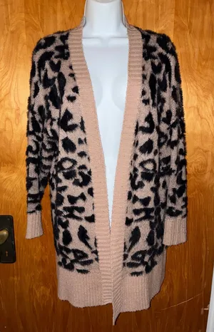 debut Tan and Black Fuzzy Leopard Print Long Open Front Cardigan - Size S thumbnail 1