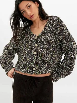 NWT Free People Flea Market Neon Sand Colorblock Cropped Chunky Cardi Size S thumbnail 1