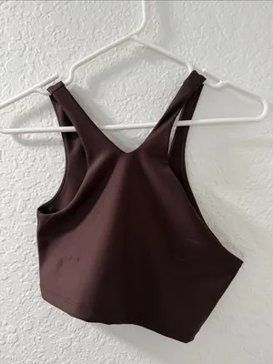 PELOTON Women's Chocolate Brown Asymmetric Cropped Sports Bra with Purple Logo thumbnail 3
