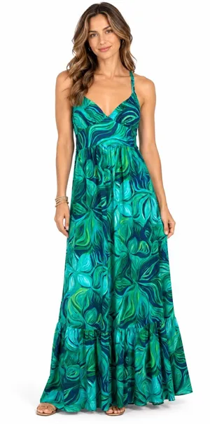 BISOU BISOU Green Navy Blue Tropical Swirl Print Empire Waist Maxi Dress Size 16 thumbnail 1