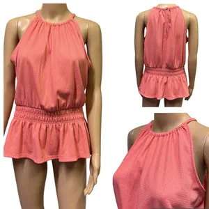 Nine West Peach Sleeveless Halter Keyhole Back Peplum Smocked Tank Top Blouse M thumbnail 2
