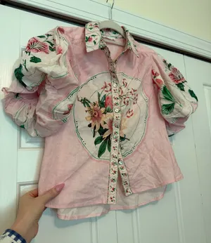 A loves A Pink Floral Button-Up Womens Blouse with Puff Sleeves thumbnail 1