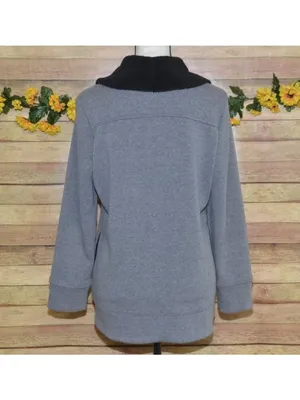 LL Bean Cardigan Jacket Womens M Gray Black Fleece Shawl Collar Open Front thumbnail 8