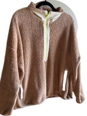 J.Crew Cozy Teddy Fleece Half-Zip Pullover Light Brown‎ with Neon Zip size XXL thumbnail 1