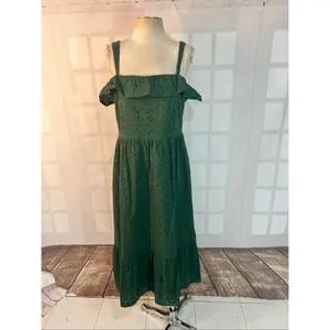 Loft Green Eyelet Ruffle Square Neck Sleeveless Cotton Midi Sundress Size 10 thumbnail 3