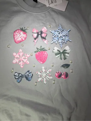 Light Mint Crewneck Sweater with Embellished Fruit & Snowflake Motifs thumbnail 3