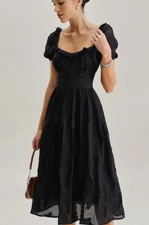 Rihoas Black Square Neck Puffed Sleeve Midi Dress thumbnail 2