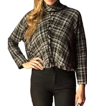 Zara Tweed Plaid Cropped Turtleneck Small Fringe Baggy Oversized Minimalist thumbnail 1