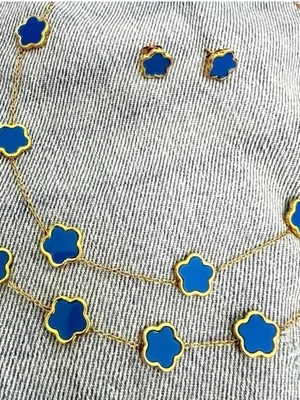 18K Gold Plated stainless steel blue clover necklace Set womens jewelry thumbnail 3