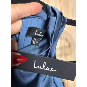 NWT Lulus Distinctive Charm Slate Blue Satin Asymmetrical Midi Dress Wedding M thumbnail 7