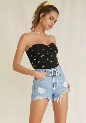 Forever21 Black Floral Knit Tube Bodysuit Top thumbnail 2