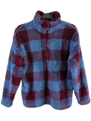 Eddie Bauer Plaid Blue Red Cozy Mock Neck 1/4 Zip Fleece Plush Pullover‎ Size M thumbnail 1