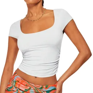 SheIn Square Neck Ruched Side Crop Tee in White, Size XS thumbnail 1