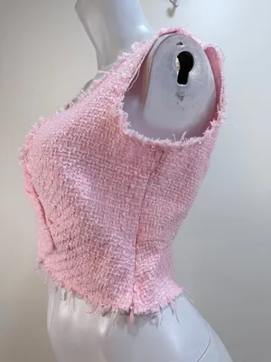 Handmade OOAK Pink Tweed Boucle Fringe Crop Top You Go Girl Back S M Barbiecore thumbnail 4