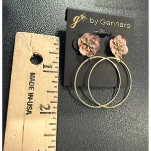 Womens Hoop Earrings Pink Gold Floral Enamel Rhinestone Drop NEW thumbnail 3