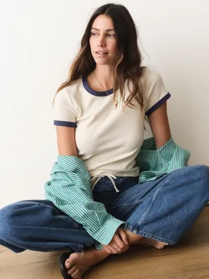 Marine Layer Lexi Rib Ringer Tee Cream & Bay Blue Size Large thumbnail 2