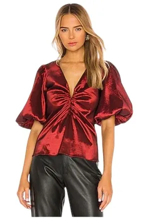 Amanda Uprichard Neveah Puff Sleeve Satin Blouse Dark Red Size M thumbnail 1