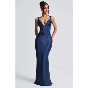 NWT Babyboo Shae Navy Blue Satin Corset Lace Up Back Maxi Dress Womens Size XS thumbnail 4