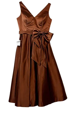Miss Veil Satin Tea Length Dress Bow Detail Double V Neck Formal Brown Small NWT thumbnail 1