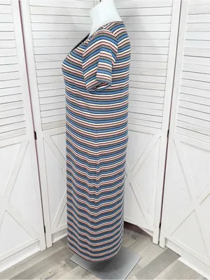 Loft Striped Shimmer Knit Midi Tee Shirt Dress Pink Blue Grey Metallic Size XL thumbnail 2