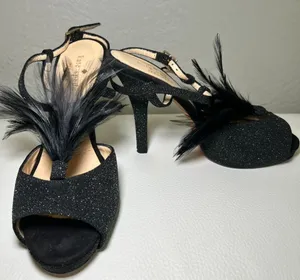 Kate Spade‎ Glitter Feather Black Open Toe Slingback Pumps Heels Size 7 thumbnail 1