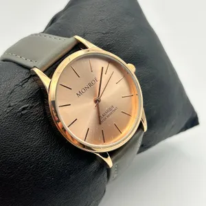 Monroe By Maestro Classique Rose Gold Tone Gray Leather Band Watch New Battery thumbnail 3