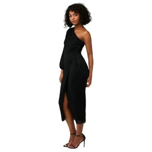 Saylor Alora Dress in Black Metallic Womens Plisse One Shoulder Midi thumbnail 4