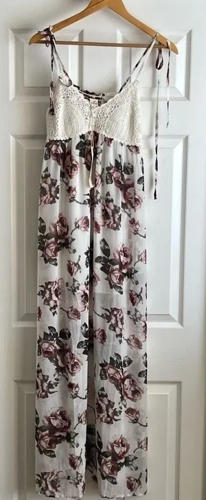 IJOAH Maxi Dress Small Floral Crochet Bodice Tie Strap White Boho D6A2492 thumbnail 1