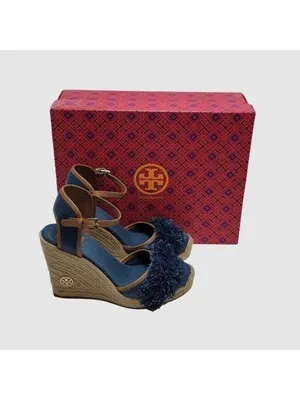 Tory Burch Wedge Espadrille Shaw Blue Denim Fringe Ankle Strap Sandals Size 8.5 thumbnail 3