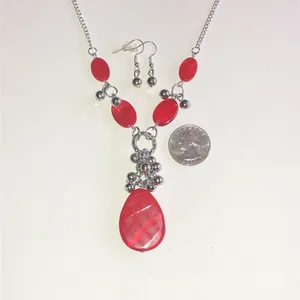 Silver Tone Red Teardrop Pendant Necklace and Earring Set thumbnail 4