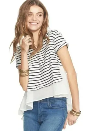 Free People French Kiss Mixed Media Top Stripe Blue White High Low Size Small thumbnail 1
