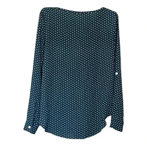 LOFT Blouse Women XS Navy Blue‎ Teal Polka Dot Roll Tab Sleeve Pocket Scoop Neck thumbnail 4